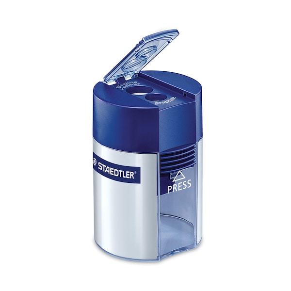 Handheld Manual Double-Hole Cylinder Pencil Sharpener, Blue/Silver